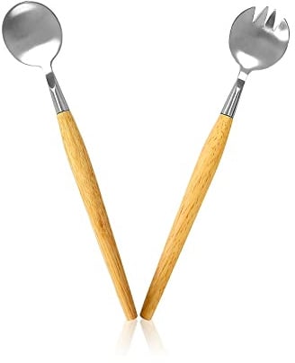 Spldsun 2 Teiliges Set Salatbesteck Edelstahl, Salatbesteck mit Holzgriff, Salatbesteck Klein, für Obst, Salat, Suppe, Nudeln (28,5 cm)