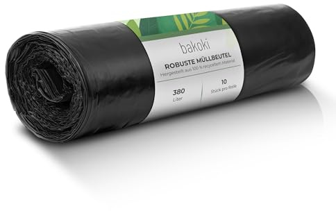 Bakoki Müllbeutel 380L - Extrem Reißfest, Extra Stark, Ideal Für Haushalt, Garten Und Betrieb -10er Rolle, Schwerlast Müllsäcke Für Renovierung Und Gewerbe-Abfälle, Große Müllsäcke, LDPE