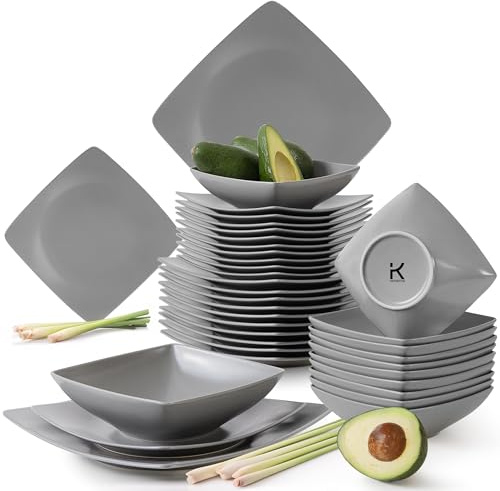 KONSIMO EPIRI Geschirrset 6 Personen, 18-teiliges Tafelservice aus Steinzeug – Modernes Teller Set mit Speisetellern, Frühstückstellern & Schalen Geschirr Set (Grau, für 12 Personen)