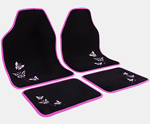 WOLTU Universal Auto Fußmatten Teppich Stickerei Butterfly Rosa/Schwarz