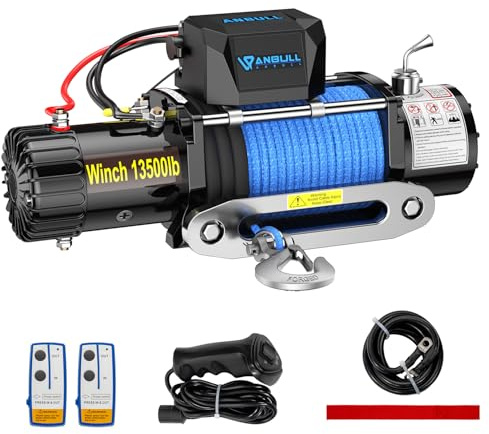 Anbull Elektrische Seilwinde 12V, 13 500 LBS/ 6 136 Kg Motorwinde Seilzug, Synthetikseil 9.5mm*26m, Wasserdicht nach IP67, Nylonseil, Kompatibel mit Quad, SUV, LKW, Bootstrailer, SUV Pickup