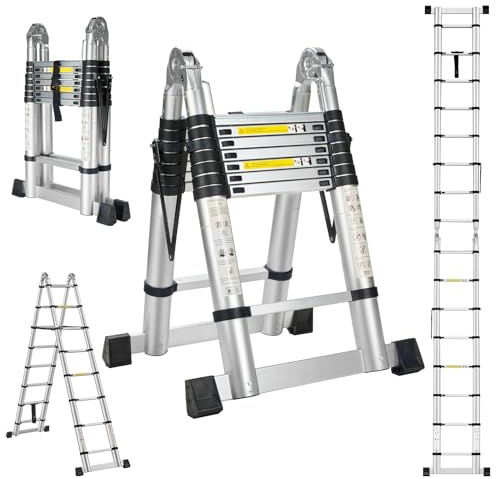STANEW 5M(2.5+2.5M) Alu Teleskopleiter Teleskop Klappleiter, Groosse Anwendbarkeit Multifunktionsleite, 2-in-1-Multifunktions Aluleiter mit Gelenkverschluss, Charge Maximale : 150 kg, Silber