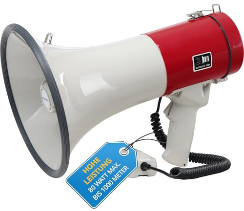 McGrey MP-500HS Megaphon (Sprachrohr, 25 Watt RMS/80 Watt MAX, bis zu 1000m Reichweite, Handmikrofon, Sirene, batteriebetrieben) weiß/rot