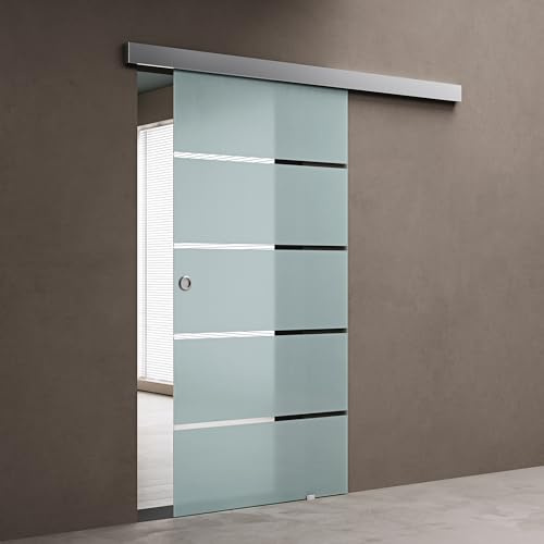 doporro Glasschiebetür Komplettset 77,5 x 205 cm | 15mm Wandabstand | Schiebetür mit ESG-Sicherheitsglas | Zimmertür Glas mit 5-Milchglas-Streifen mit Muschelgriff | Amalfi-plus 11