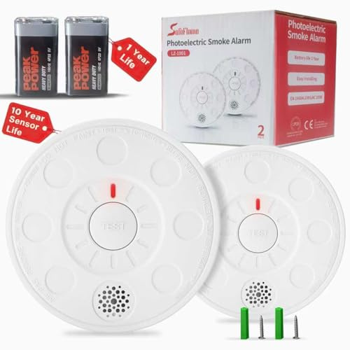 Rauchmelder für Zuhause, 2er Set, 10 Jahre optischer Sensor, 85 dB Alarm | CE zertifiziert, niedrige Batteriewarnung, Deckenmontage mit Dübeln, nicht für Küche oder Bad, austauschbare 9V Batterie