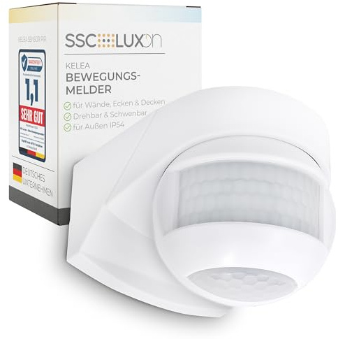 SSC-LUXon KELEA Bewegungsmelder Weiss aussen & innen Aussenbereich IP54 für Wand, Decke & Ecken - PIR Sensor bis 12m Winkel 180° & 360° schwenkbar mit Dämmerungssensor