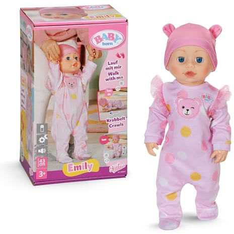 BABY Born Emily Lauf mit Mir - 43 cm Puppe mit elektronischen Funktionen - Krabbel- & Lauflernpuppe mit Soundfunktion - Inkl. rosa Strampler & Mütze - Geeignet für Kinder ab 3 Jahren