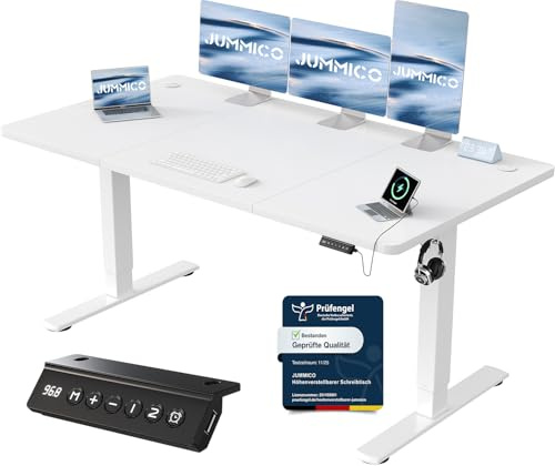 JUMMICO Höhenverstellbarer Schreibtisch 160 x 70 cm, USB-A-Anschluss | Schreibtisch Höhenverstellbar Elektrisch, Erinnerung bei langem Sitzen Stehschreibtisch, Computertisch für Homeoffice Weiß