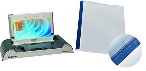 Fellowes 5641001 Büro Thermobindegerät Helios 30 platin/schwarz & Leitz 177118 Thermobindemappe Leinenoptik, A4, Rückenbreite 1,5 mm, 25 Stück, blau
