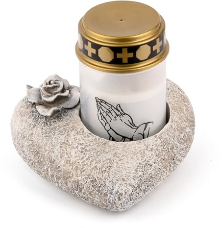 Novaliv Grabschmuck Herz Rose Grau inkl. LED Grablicht Weiß Gedenkkerze Grablaterne Trauerkerze Grabdeko Herz Grabherz Trauerstein