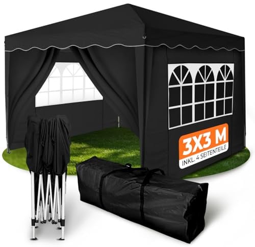 Kronenburg Faltpavillon wasserdicht Dachmaß 3 x 3 m UV Schutz 50+ Pavillon in Schwarz mit 4 Seitenteilen