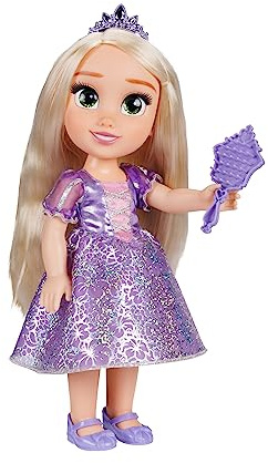 Disney Princess Rapunzel Puppe 35cm, reflektierende Glitzeraugen, bewegliche Gelenke, ausziehbares Kleid, Schuhe, Krone, langes Blondes Haar, für Mädchen ab 3 Jahren