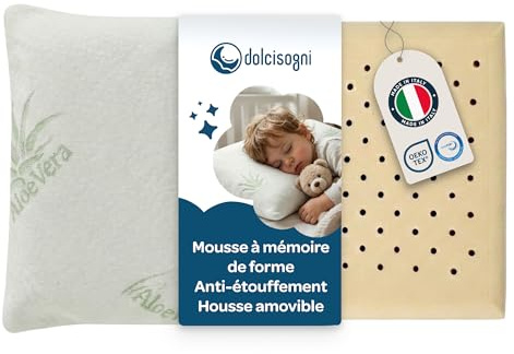 DOLCI SOGNI Kinderkopfkissen aus Memory Foam - Kissen Kinder 50 x 30 cm - Kinderkissen ab 2 Jahre mit Aloe Vera Bezug - Atmungsaktiv, Waschbar & Ergonomisch für Gesunden Schlaf - Made in Italy