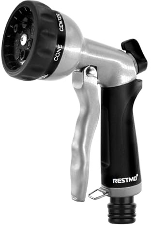 RESTMO Gartenbrause & Gartenspritze, Heavy Duty Metall Handbrause Garten | Gartenschlauch Spritze, 7-Funktionen Spritzdüse, Einstellbarer Wasserdurchfluss für Bewässerung, Autowaschen, Schwarz