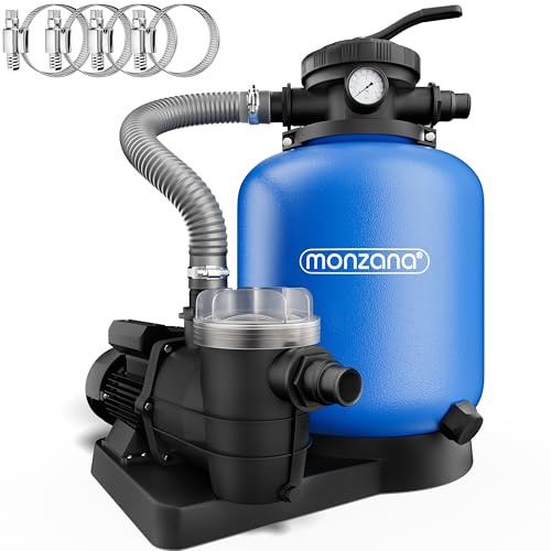 MONZANA Sandfilteranlage Pool SF13K 13.200L/h bis 58.000L | inkl. Vorfilter, 7 Wege Ventil, 2in1 Adapter, Ø32-38mm, 600W Filteranlage, Filterkessel, 30 Liter Tank, IPX 5, Poolpumpe