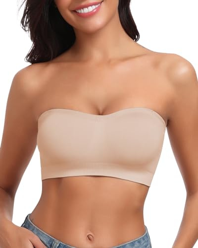 LEYSHE Trägerloser BH ohne Bügel Pull-on Bandeau BH Damen ohne Träger Gepolsterter Nahtlose Strapless Bra Tube Top mit Transparenten Trägern,FS,XL