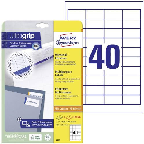 AVERY Zweckform 4780 Universal Etiketten (1.000 plus 200 Klebeetiketten extra, 48,5x25,4mm auf A4, Papier matt, individuell bedruckbar, selbstklebende Aufkleber mit ultragrip) 30 Blatt, weiß