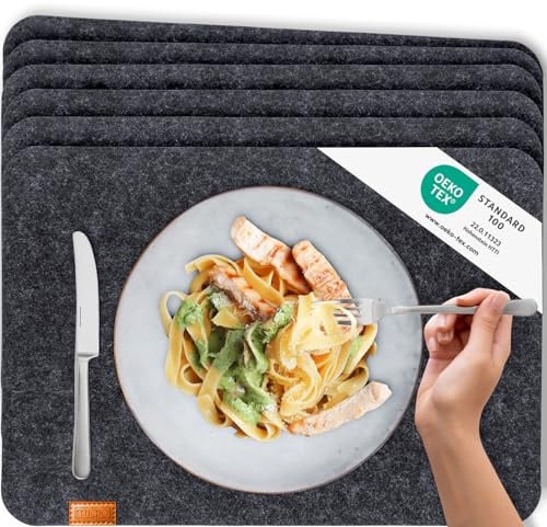 Miqio® - Design Tischset aus Filz | Marken Label aus echtem Leder | 6er Set Platzset (dunkel grau anthrazit) abwaschbar | Filzmatte Tisch Untersetzer Platzdeckchen abwischbar