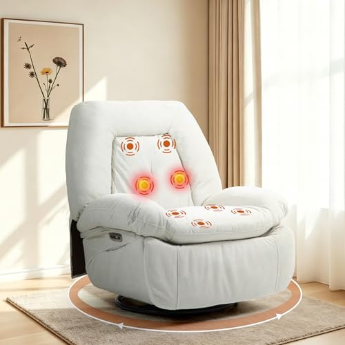 ALEAVIC Relaxsessel Elektrisch Massagesessel,Heizung Vibration Massage Sessel Drehbar, mit TYP C & USB-Anschlüsse,1 Seitentaschen, Liegen TV Sessel Wohnzimmer (Weiß)