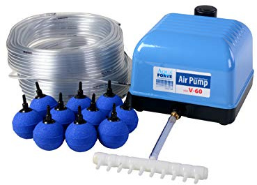 AquaForte - Hi-Flow V-60 Luftpumpenset Komplett 35W, 40l/min bei 2m | Komplett mit Luftverteilern, 50m Schlauch 4x6mm, 10 Luftsteine 5cm, Max. Teich 36m³