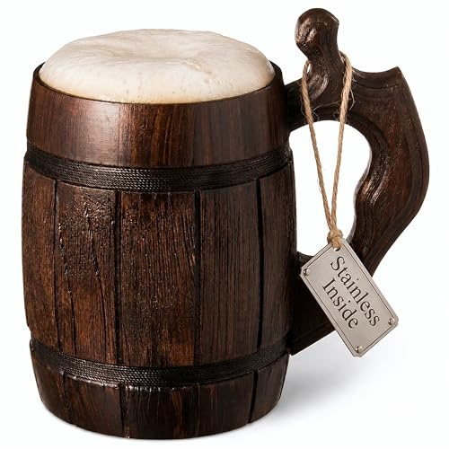 MyFancyCraft LUKRA Bierbecher aus Eichenholz, handgefertigt, Edelstahlbecher, natürlich und umweltfreundlich, 0,6 l, 20 Unzen Barrel Brown