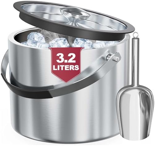 3,2L Eiswürfelbehälter mit Deckel Schaufel-Edelstahl Eiskübel Doppelwandiger Isolierter Eisbehälter für Eiswürfel Ideal zum Kühlen von Bier Champagner Wein und Obst