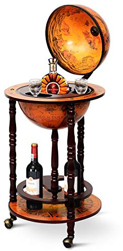 COSTWAY Globus Bar, Globusbar aus Eukalyptus, Weltkugel Barwagen mit Rollen, Retro Hausbar Minibar für Weingläser & Weinflaschen (Braun)