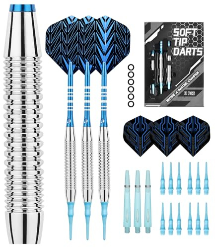 Lonwiner 3 Stück Dartpfeile mit Kunststoffspitze 21 Gramm, Pfeile für Bogenschießen Profi Dartpfeile Softdart Extra Schafts Flights Dartspitzen Anti-Lose Gummiringe (Silberblau)