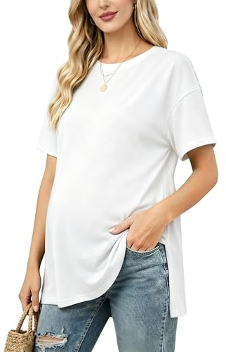 Damen Umstandstop Kurzarm Umstandsmode Oversized Umstands T-Shirt | Seitliche Schlitze,Atmungsaktivität und weich,oversized fit,die Zeit vor und nach der Geburt,für Freizeit,Stunden zu Hause