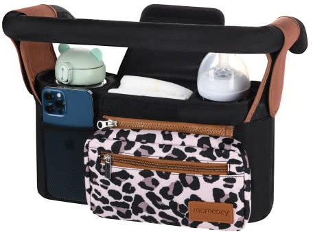 Momcozy Kinderwagen Organizer Universal mit Isolierten Getränkehalter/Becherhalter, Buggy Kinderwagentasche Baby Zubehör mit Reißverschlusstasche, Schultergurt und Stauraum für Windeln&Handys
