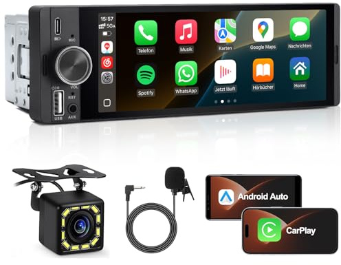 1 DIN Autoradio mit Wireless CarPlay & Android Auto, 6,36 Zoll Auto Radio mit Bildschirm, Rückfahrkamera, FM, Bluetooth, Freisprecheinrichtung, Aux-Eingang, Lenkradsteuerung, Equalizer, Mirror Link