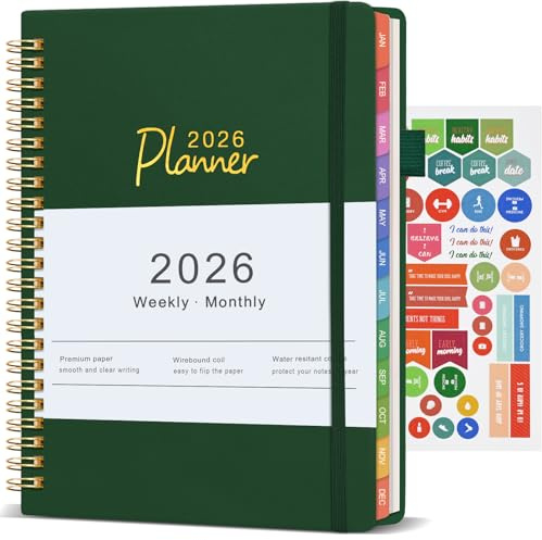 Kalender 2026 A5, Wochenkalender, Terminplaner, Buchkalender & Wochenplaner (Jan – Dez 2026), Planer mit Monatsübersicht, Notizseiten, Kontaktseiten, Dunkelgrün