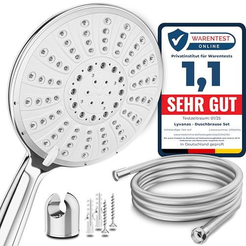 Lyvanas - TESTSIEGER - Duschkopf mit Schlauch und Halterung - Brausekopf für Dusche & Badewanne in extra gross (Ø15cm) - Wellness Regendusche mit 5 Strahlarten (Premium Set 2025)