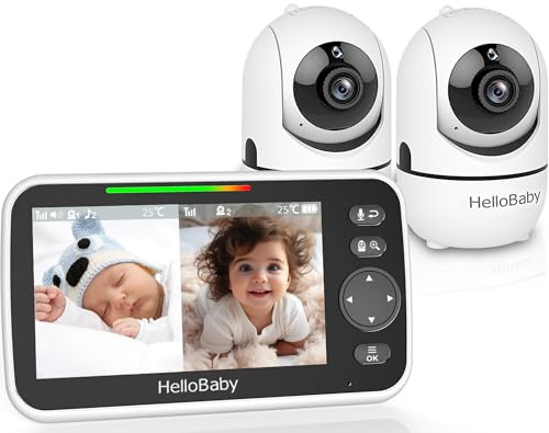 HelloBaby Babyphone mit 2 Kameras, Kein WLAN, 5 Geteilter Bildschirm, Kabelgebundene Kamera, 355°/120° Schwenken-Neige Babyphone, ECO, 2 Wege Audio, Nachtsicht, 3500 mAh Akku, 8 Schlaflieder