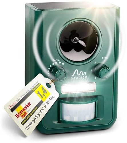 GARDIGO® Tiervertreiber Ultraschall Solar | Katzenschreck und Marderabwehr mit Blitzlicht | Multifrequenz Gerät, 5 Modi, Gesamtfläche ca. 75m² (ca. 9 m, 110°) | Inklusive Batterien & USB-Ladekabel