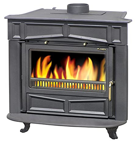 Plamen Gusskaminofen Franklin 11kW, XXL-Sichtscheibe, Gusseisen | Massives Gusseisen (145 kg), Rauchrohranschluss oben oder hinten, Holz und Holzbriketts, Schwarz lackierte Ausführung