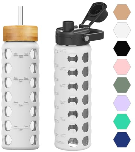 HYDRAGLAZIC 700ML Glaswasserflasche mit 2 Deckel Flip und Bambusstroh Deckel Sport Wasserbecher mit Zeiterinnerung und Silikonhülle Auslaufsicher BPA-frei, Weiß