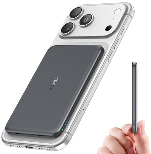 Powerbank für Magsafe, TRKOY Slim Magnetische Power Bank für iPhone 5000mAh, Schnellladung Kabellose Powerbank mit USB-C Ausgang, Externe Handyakkus für iPhone 17/16/15/14/13/12 Serie