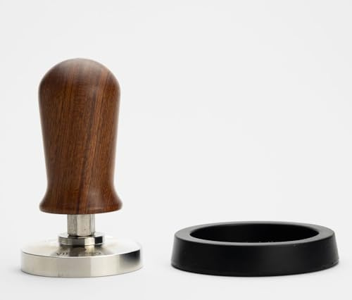 VIENESSO Profi Barista Tamper Set – Druckregulierend mit Anpressdruck von ca. 14kg durch integrierte Feder - Kaffee Stempel aus Edelstahl und Rosenholzgriff inkl. Matte für optimales tampern (58 mm)