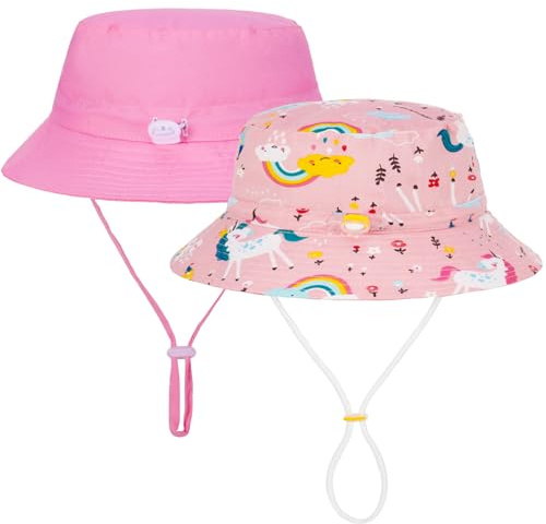 Utensilsto 2 Pcs Baby Sonnenhut,Unisex Kinder Fischerhut Sommerhut, Kleinkind Breiter Krempe Sonnenhut Verstellbare Baumwollhut Strandhut UV Schutz für 3-8 Jahre Jungen Mädchen(Rosenrot und Rosa)