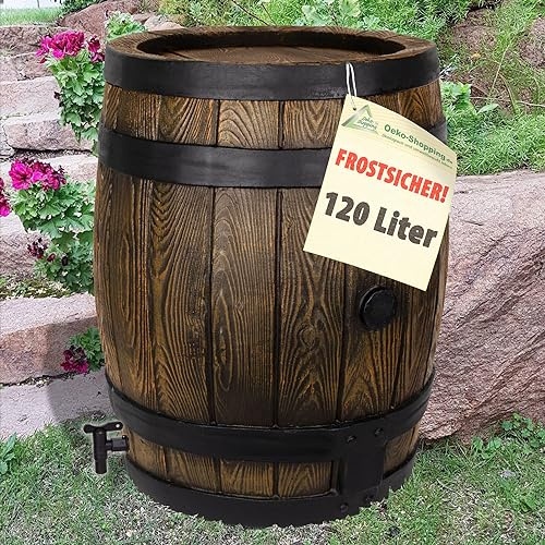 AMUR Regentonne Eichenfass 120 Liter REGENFASS FROSTSICHERES Regenfass mit Deckel und Wasserhahn, schöner Fast unverwüstlicher Regenspeicher Braun