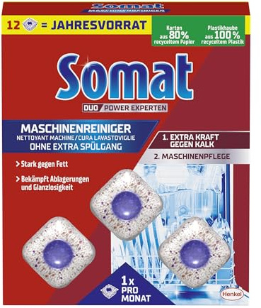 Somat Maschinenreiniger Tabs Anti-Kalk (12 WL), Spülmaschinenreiniger für monatlichen Gebrauch, Reinigungs-Tabs für die Spülmaschine, kein extra Spülgang