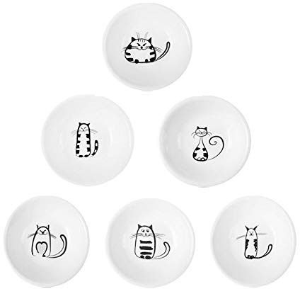 Süßes Katzen Gericht Beilagen Gerichte aus Keramik Mini-Gewürzschale, Sushi-Soja-Tauchschaufel, Serviergeschirr, Miau Porzellan Kleiner Teebeutelhalter 6er-Set (Runden)