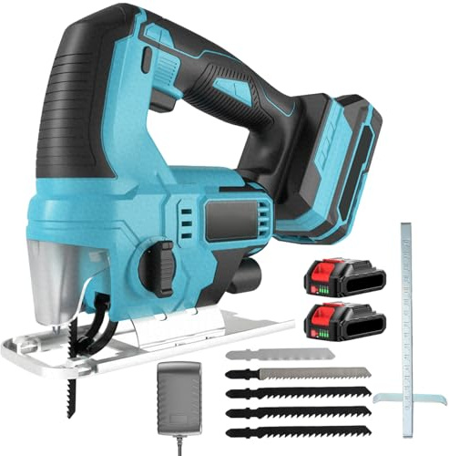 Akku Stichsäge, Eektrische Stichsäge mit 2x 2,0 Ah Akkus, 24mm Hublänge, ±45° Gehrungsschnitte & LED, Elektrisch Stichsäge für Holz, Metall, Kunststoff, Kompatibel mit Makita 18V Akku