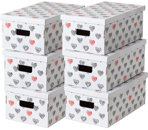 6-er Set Aufbewahrungsboxen aus Karton, Geschenkboxen aus pappe mit Deckel, FSC-Zertifiziertem Papier, Hertzen, 29x51x20cm, Weiss