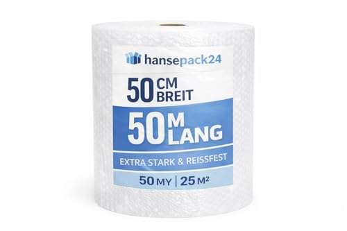 Luftpolsterfolie 1 Rolle 50m x 50cm - Extra Starke Noppenfolie für Umzug & Versand - Polsterfolie Rolle - Luftpolster Verpackungsmaterial - Ideal für Transportschutz & Polsterung