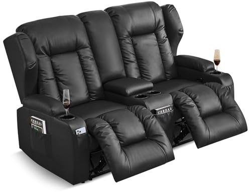 SAMERY Relaxsessel mit Liegefunktion Fernsehsessel Manuell Verstellbar, Zweisitzer Sofa Kinosessel 2 Sitzer Sofa TV Sessel Heimkino mit Konsole/Getränkehalter, Kunstleder Schwarz Zweisitzer