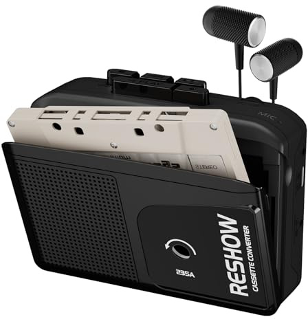Reshow tragbarer Kassettenrekorder, mit integriertem Mikrofon und Lautsprecher, USB-Kassetten-zu-MP3-Konverter, Rückwärtsaufnahmefunktion, inklusive Kopfhörer (Schwarz)