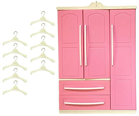 Milageto Puppengarderobe mit 10 Kleiderbügeln, Kleiderorganisation, Puppenhausdekoration, Schublade zum Öffnen, Aufbewahrungsschrank, Geburtstagsgeschenke für Kinder, Garderobe