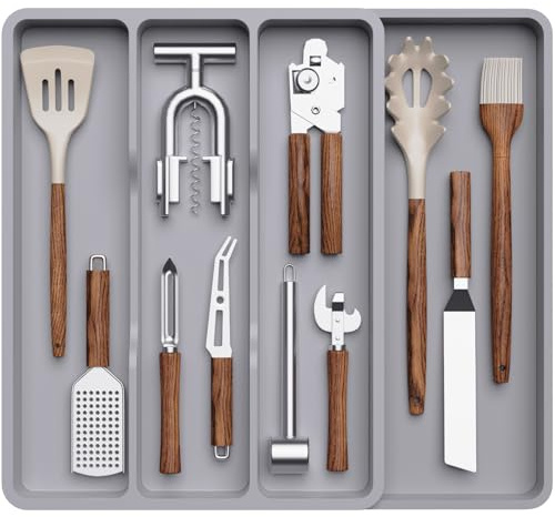 Lifewit Besteckkasten für Schubladen, Küchenutensilienhalter erweiterbar auf 43,9 cm, Schmale Schubladen Organizer Küche Tiefe 40 cm, Kunststoff Utensilienständer für Spatel/Messer/Löffel, Grau